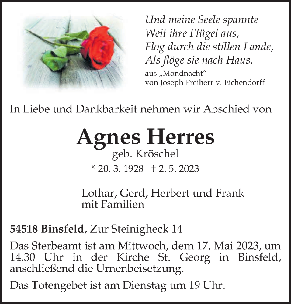  Traueranzeige für Agnes Herres vom 13.05.2023 aus trierischer_volksfreund