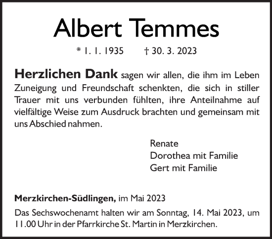 Traueranzeige von Albert Temmes von trierischer_volksfreund