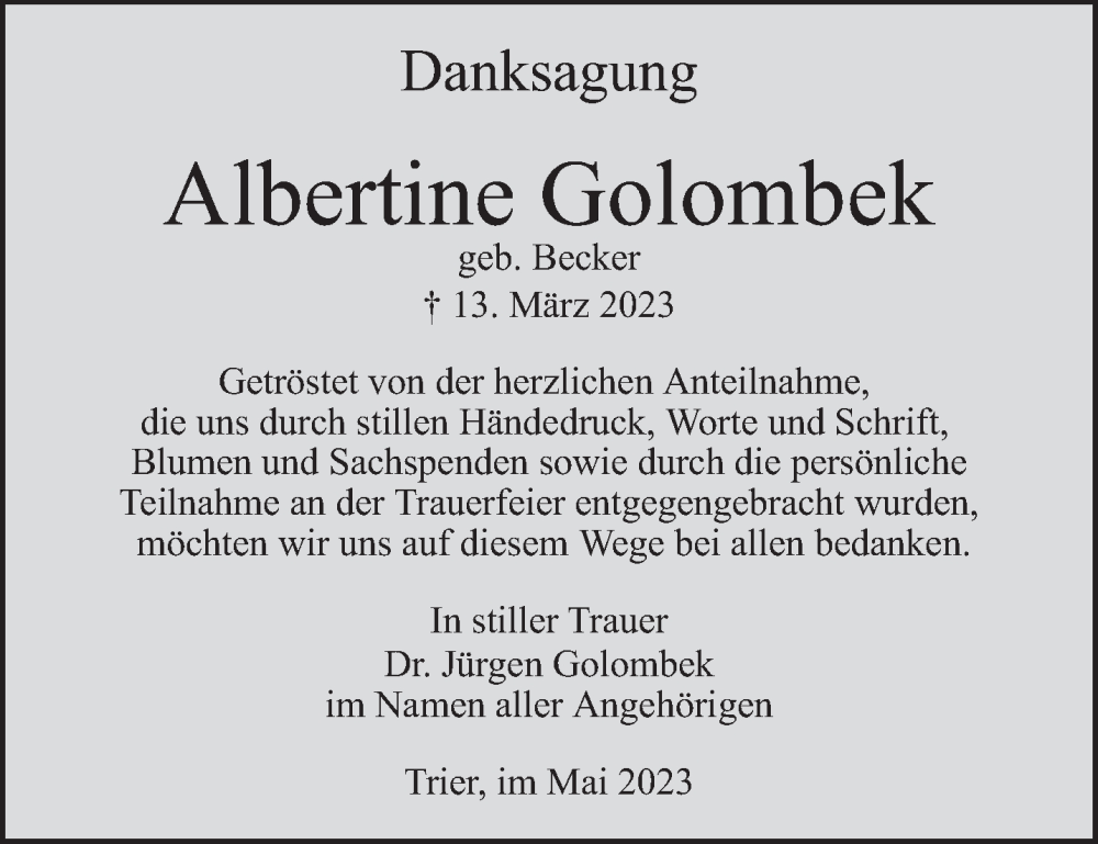  Traueranzeige für Albertine Golombek vom 06.05.2023 aus trierischer_volksfreund