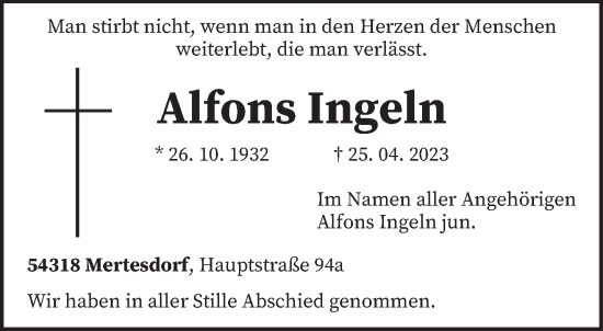 Traueranzeige von Alfons Ingeln von trierischer_volksfreund