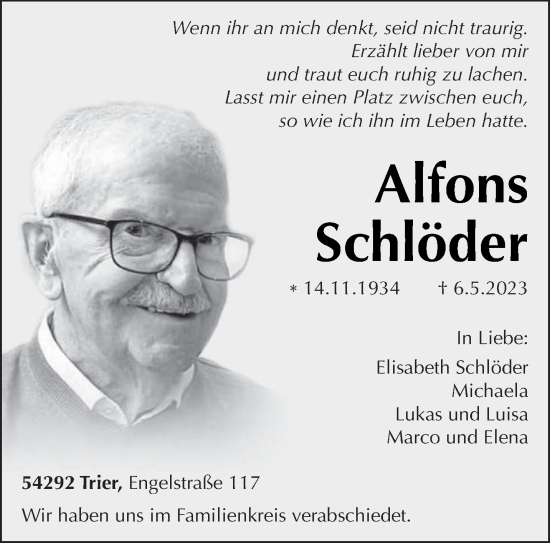 Traueranzeige von Alfons Schlöder von trierischer_volksfreund