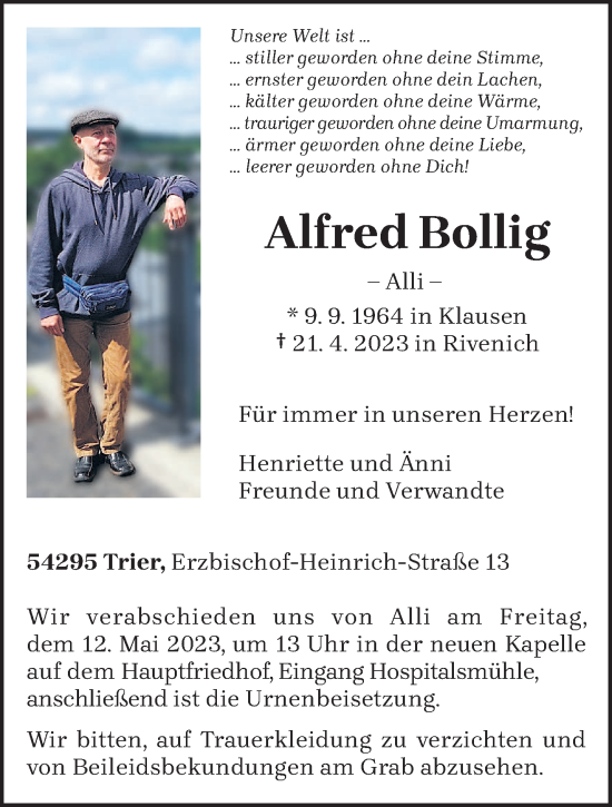 Traueranzeige von Alfred Bollig von trierischer_volksfreund