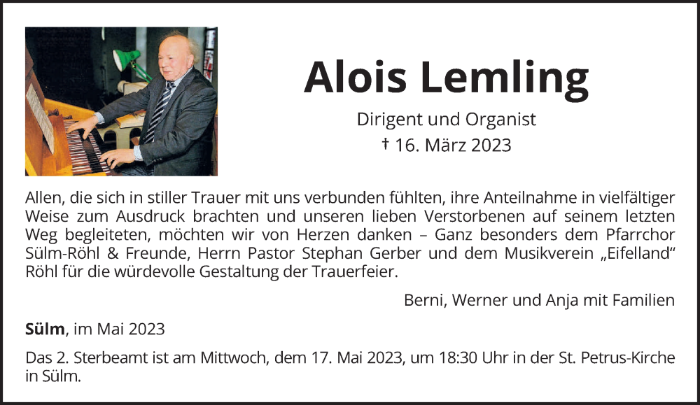  Traueranzeige für Alois Lemling vom 13.05.2023 aus trierischer_volksfreund
