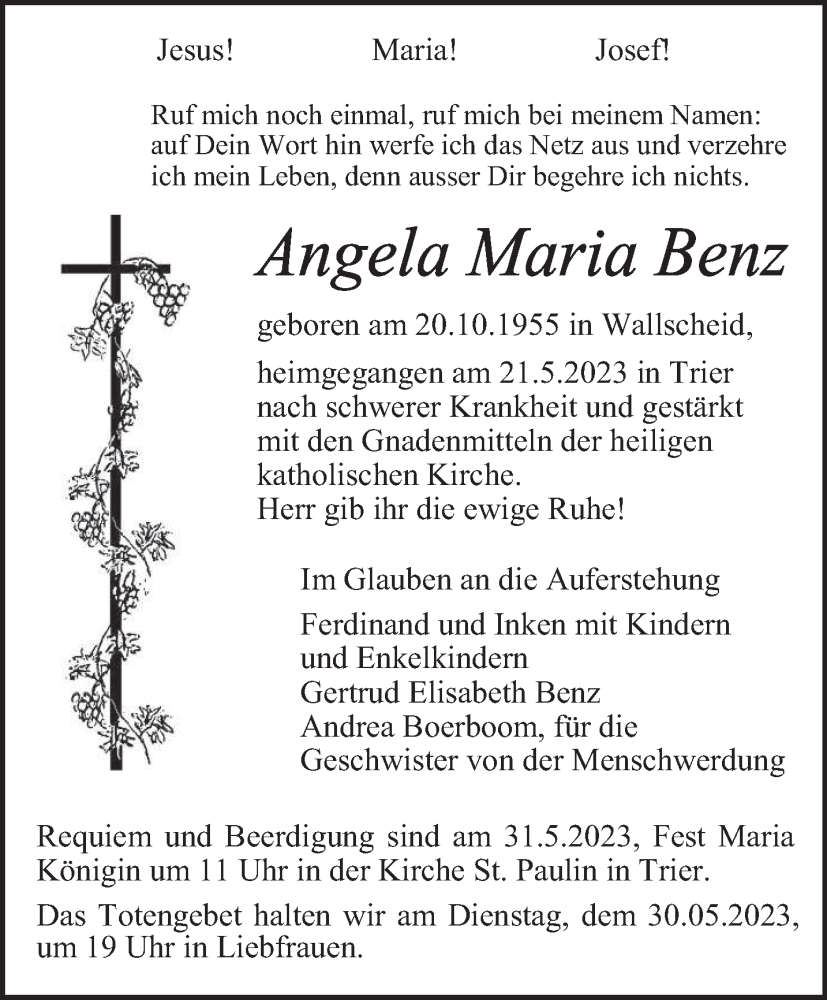  Traueranzeige für Angela Maria Benz vom 27.05.2023 aus trierischer_volksfreund