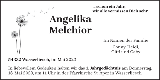 Traueranzeige von Angelika Melchior von trierischer_volksfreund