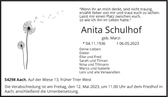 Traueranzeige von Anita Schulhof von trierischer_volksfreund