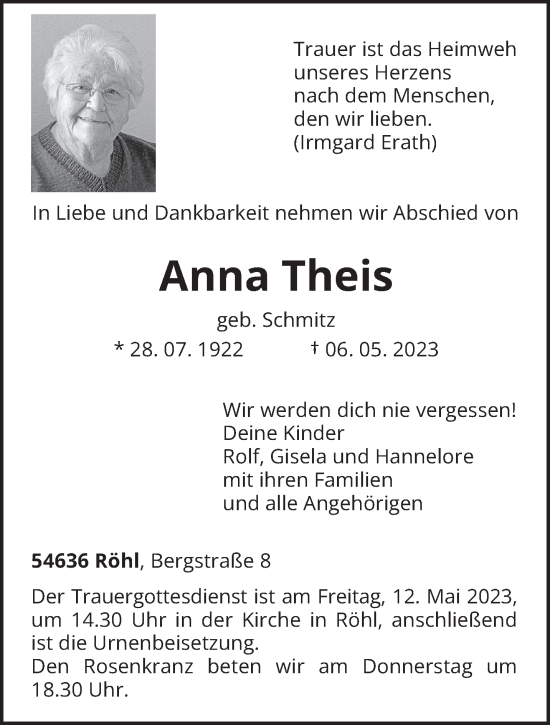 Traueranzeige von Anna Theis von trierischer_volksfreund
