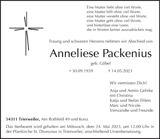 Traueranzeige von Anneliese Packenius von trierischer_volksfreund