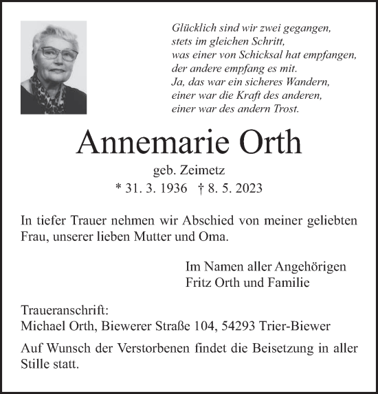 Traueranzeige von Annemarie Orth von trierischer_volksfreund