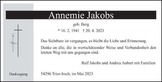 Traueranzeige von Annemie Jakobs von trierischer_volksfreund