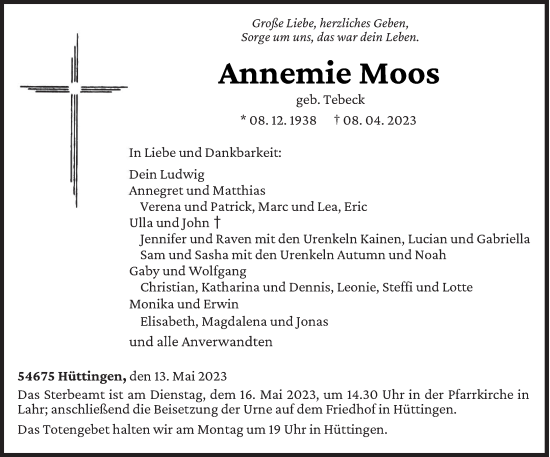 Traueranzeige von Annemie Moos von trierischer_volksfreund