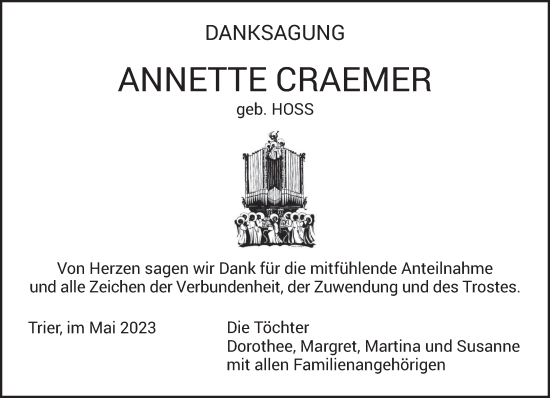 Traueranzeige von Annette Craemer von trierischer_volksfreund