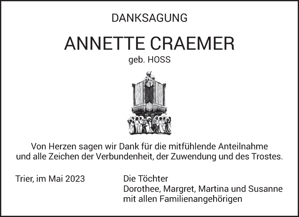  Traueranzeige für Annette Craemer vom 13.05.2023 aus trierischer_volksfreund