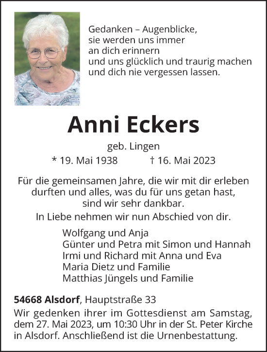 Traueranzeige von Anni Eckers von trierischer_volksfreund