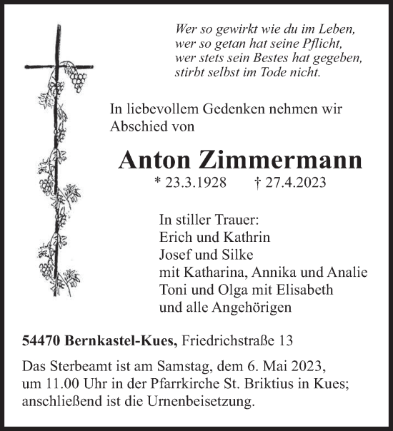Traueranzeige von Anton Zimmermann von trierischer_volksfreund