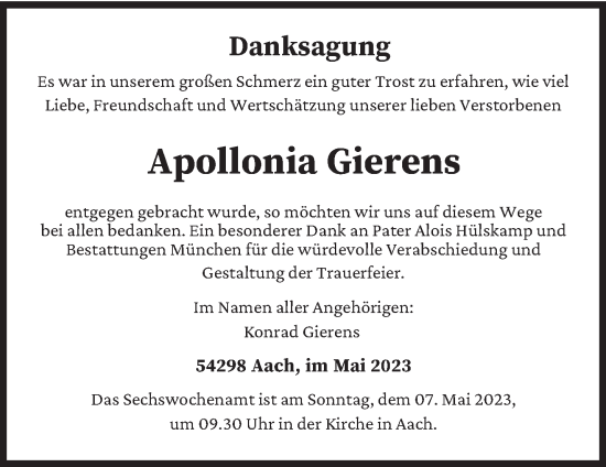 Traueranzeige von Apollonia Gierens von trierischer_volksfreund