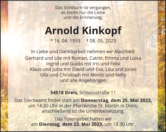 Traueranzeige von Arnold Kinkopf von trierischer_volksfreund