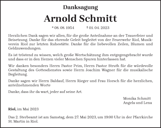 Traueranzeige von Arnold Schmitt von trierischer_volksfreund