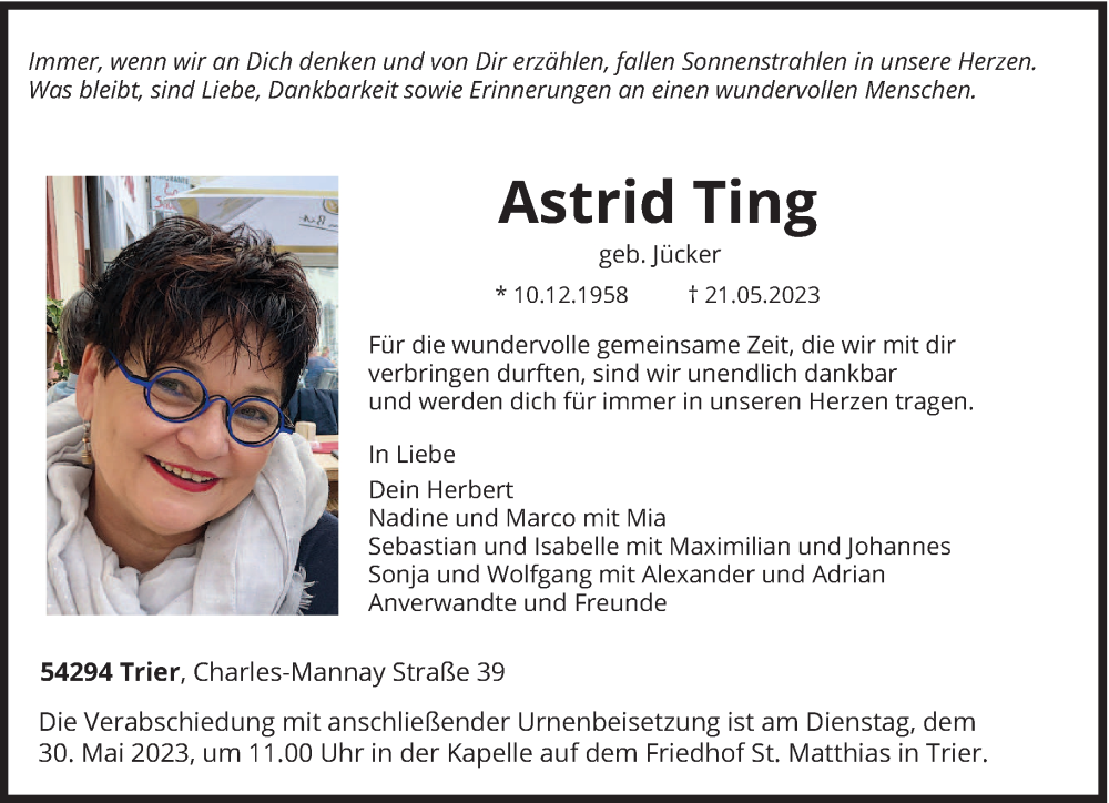 Traueranzeige für Astrid Ting vom 26.05.2023 aus trierischer_volksfreund