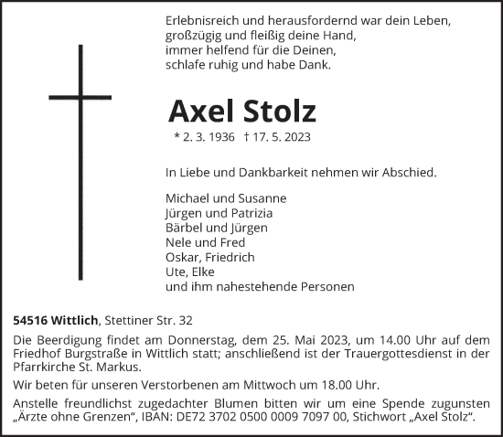 Traueranzeige von Axel Stolz von trierischer_volksfreund