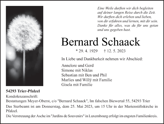Traueranzeige von Bernard Schaack von trierischer_volksfreund