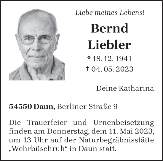 Traueranzeige von Bernd Liebler von trierischer_volksfreund