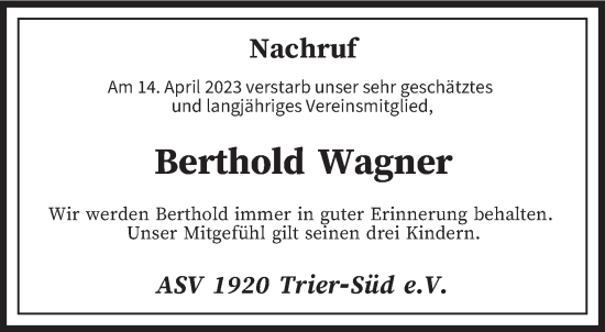 Traueranzeige von Berthold Wagner von trierischer_volksfreund