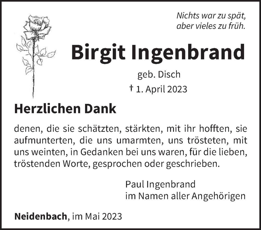  Traueranzeige für Birgit Ingenbrand vom 20.05.2023 aus trierischer_volksfreund