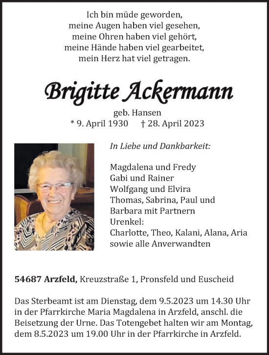 Traueranzeige von Brigitte Ackermann von trierischer_volksfreund