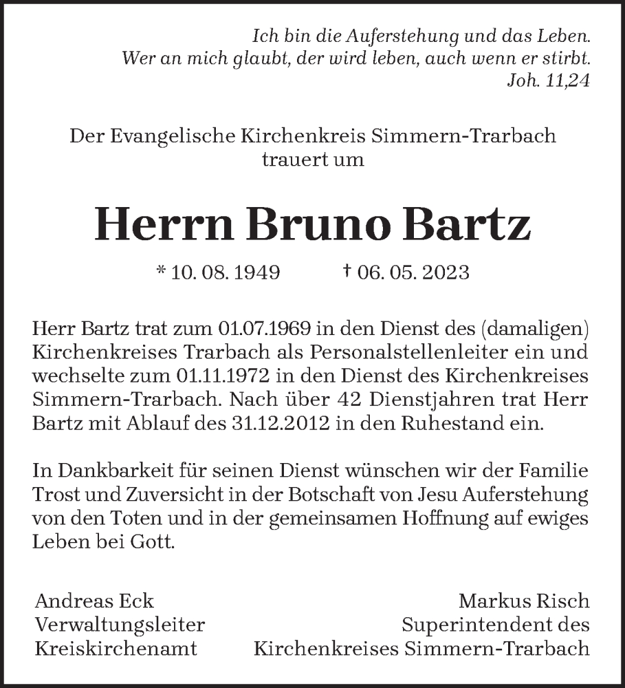  Traueranzeige für Bruno Bartz vom 17.05.2023 aus trierischer_volksfreund