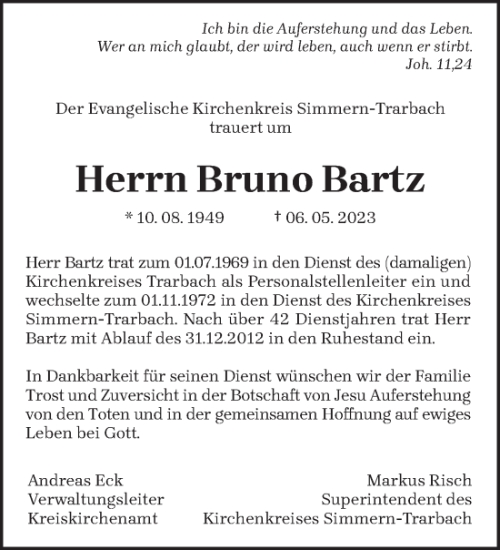 Traueranzeige von Bruno Bartz von trierischer_volksfreund