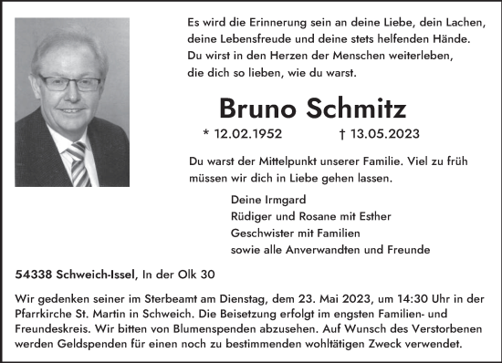 Traueranzeige von Bruno Schmitz von trierischer_volksfreund
