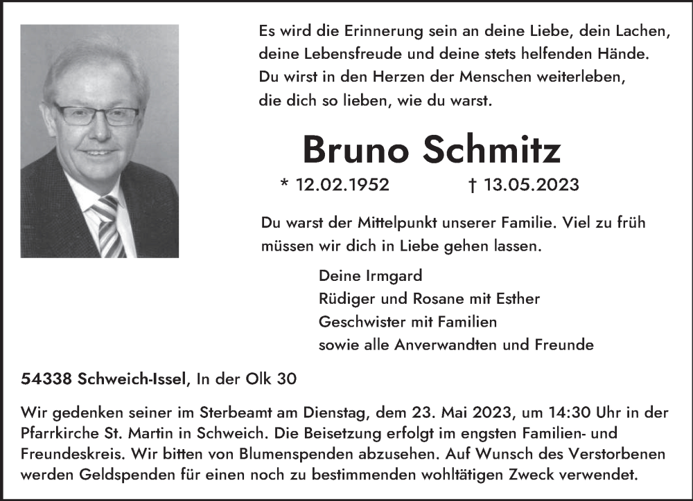  Traueranzeige für Bruno Schmitz vom 20.05.2023 aus trierischer_volksfreund