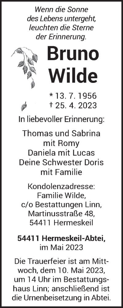  Traueranzeige für Bruno Wilde vom 06.05.2023 aus trierischer_volksfreund