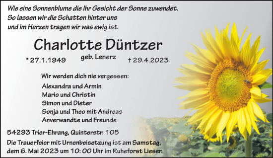 Traueranzeige von Charlotte Düntzer von trierischer_volksfreund