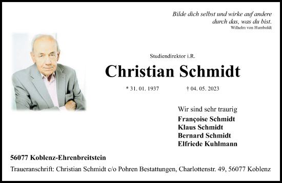 Traueranzeige von Christian Schmidt von trierischer_volksfreund