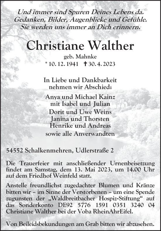 Traueranzeige von Christiane Walther von trierischer_volksfreund