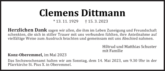 Traueranzeige von Clemens Dittmann von trierischer_volksfreund