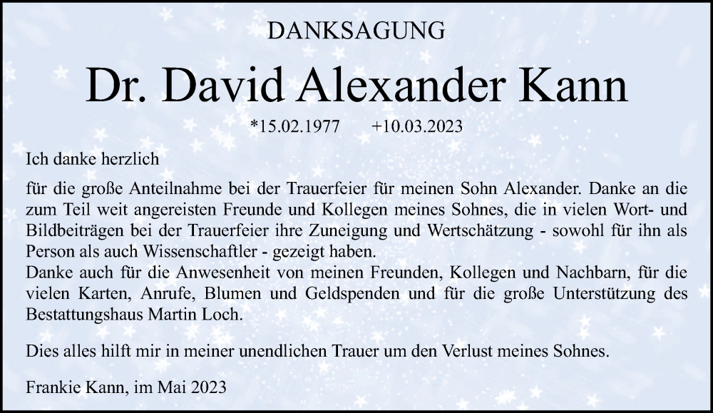  Traueranzeige für David Alexander Kann vom 13.05.2023 aus trierischer_volksfreund