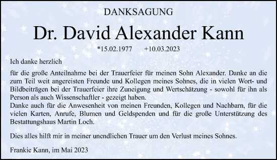 Traueranzeige von David Alexander Kann von trierischer_volksfreund