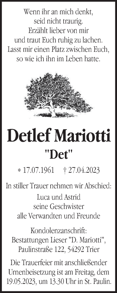  Traueranzeige für Detlef Mariotti vom 13.05.2023 aus trierischer_volksfreund