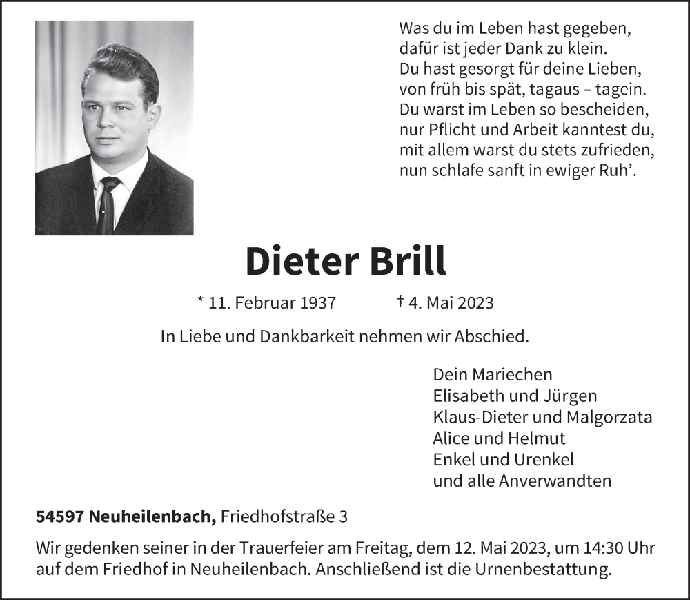  Traueranzeige für Dieter Brill vom 06.05.2023 aus trierischer_volksfreund