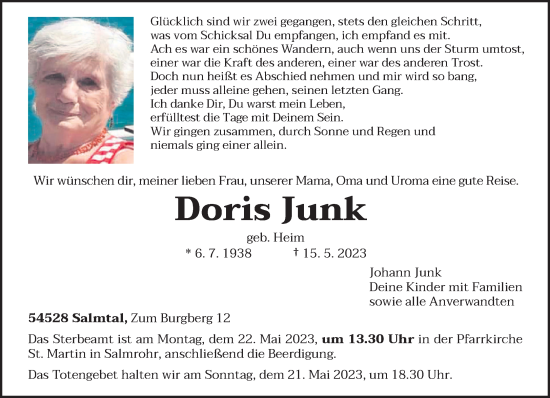 Traueranzeige von Doris Junk von trierischer_volksfreund