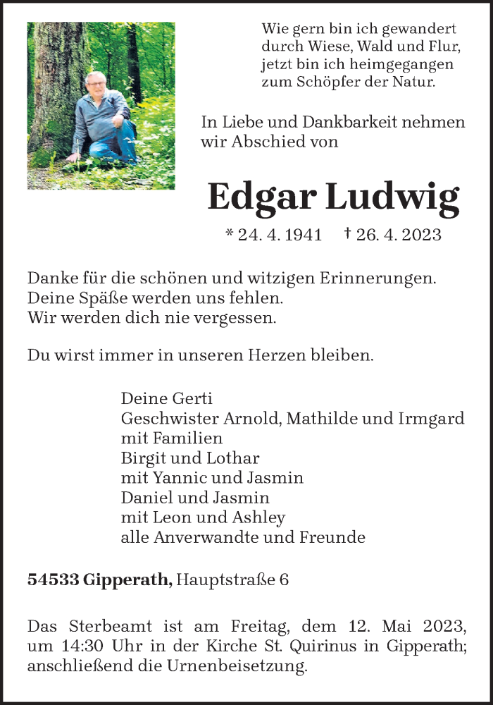  Traueranzeige für Edgar Ludwig vom 06.05.2023 aus trierischer_volksfreund