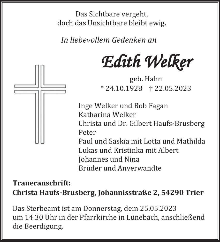  Traueranzeige für Edith Welker vom 24.05.2023 aus trierischer_volksfreund