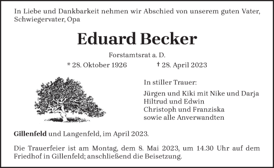 Traueranzeige von Eduard Becker von trierischer_volksfreund