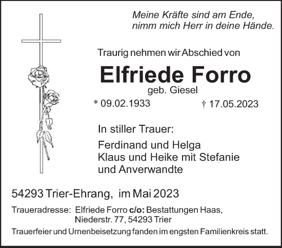 Traueranzeige von Elfriede Forro von trierischer_volksfreund