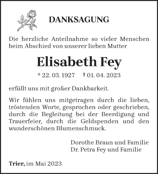 Traueranzeige von Elisabeth Fey von trierischer_volksfreund