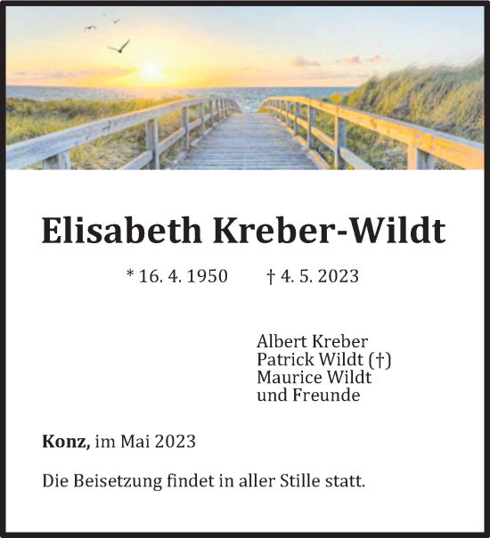 Traueranzeige von Elisabeth Kreber-Wildt von trierischer_volksfreund