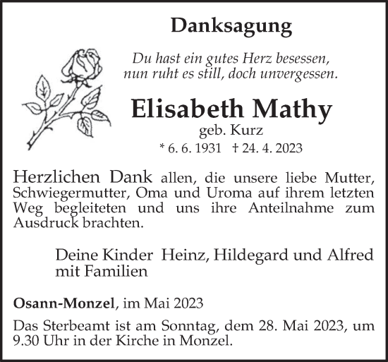 Traueranzeige von Elisabeth Mathy von trierischer_volksfreund